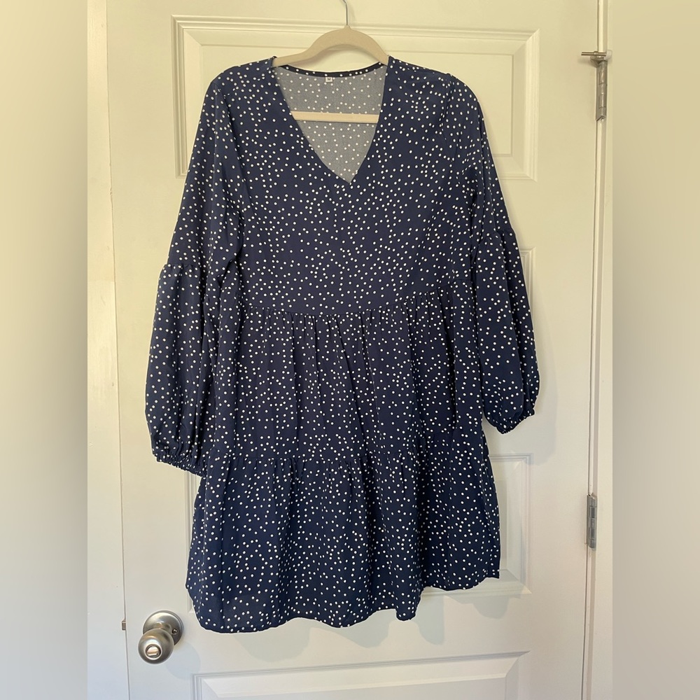 Blue & White Polka Dot- Long Sleeve Dress- Size Medium